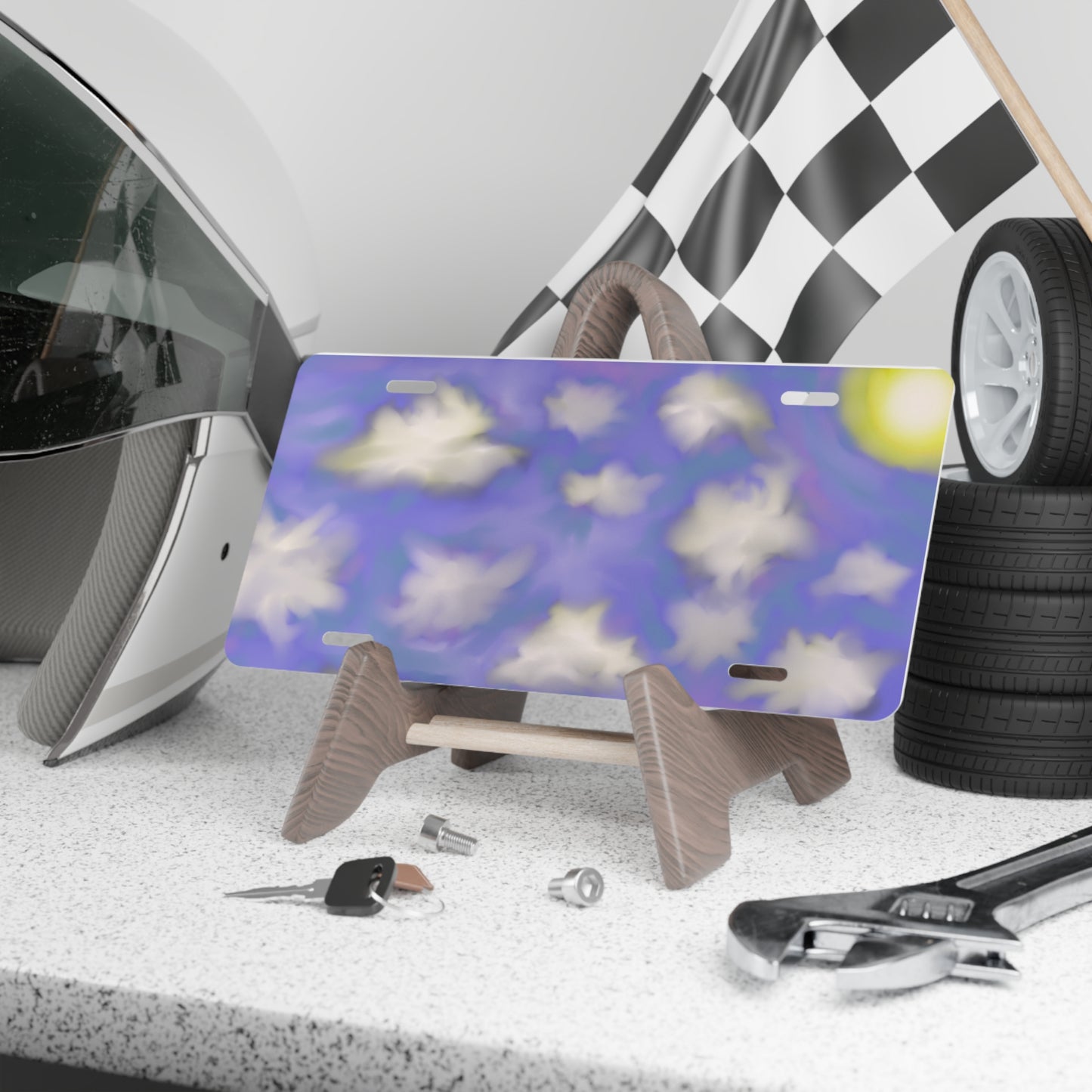 Cloudy Sky Vanity License Plate - Cute Car Front Plate with Sun & Clouds Design
