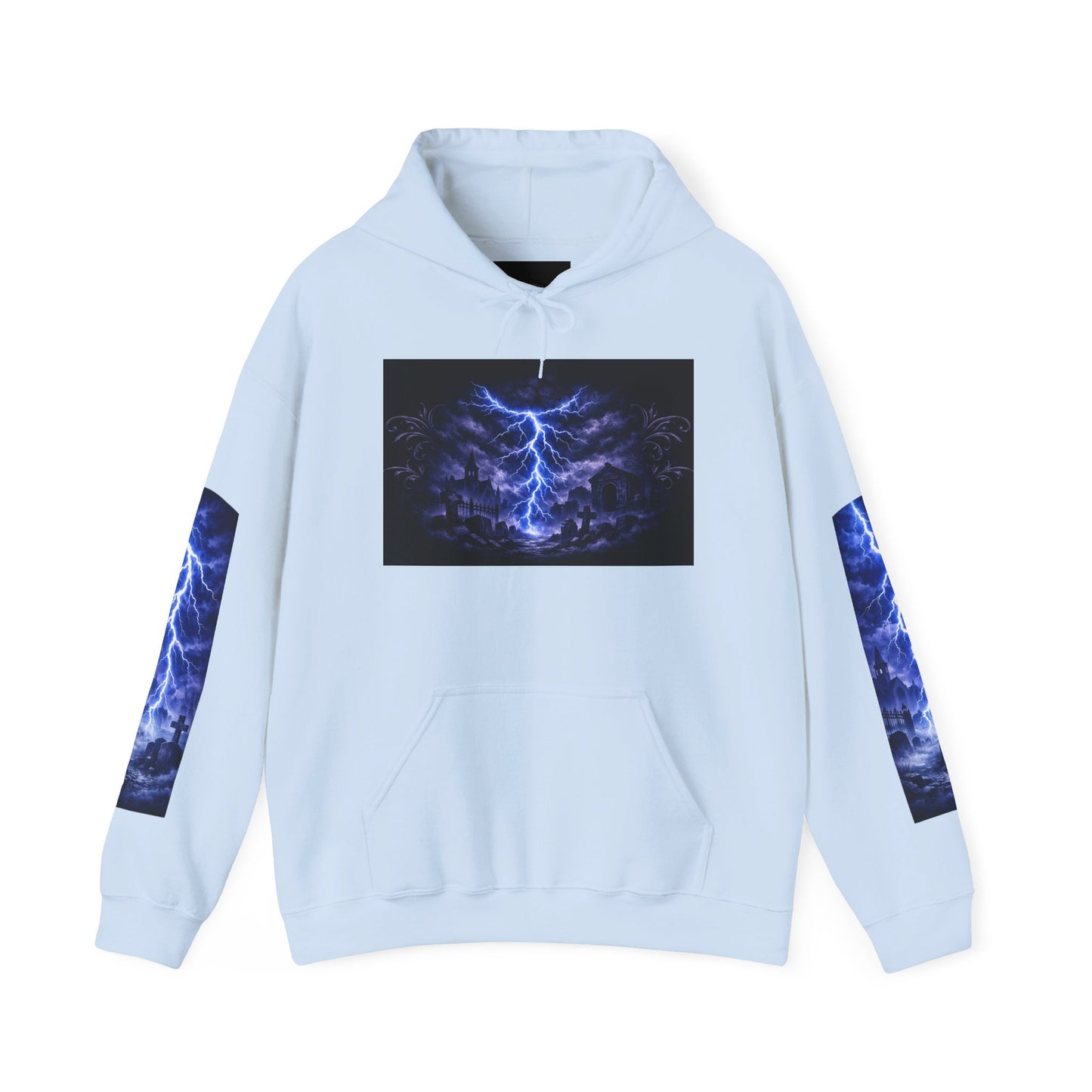Stormscape Hoodie — Electric Blue Lightning Graphic Pullover