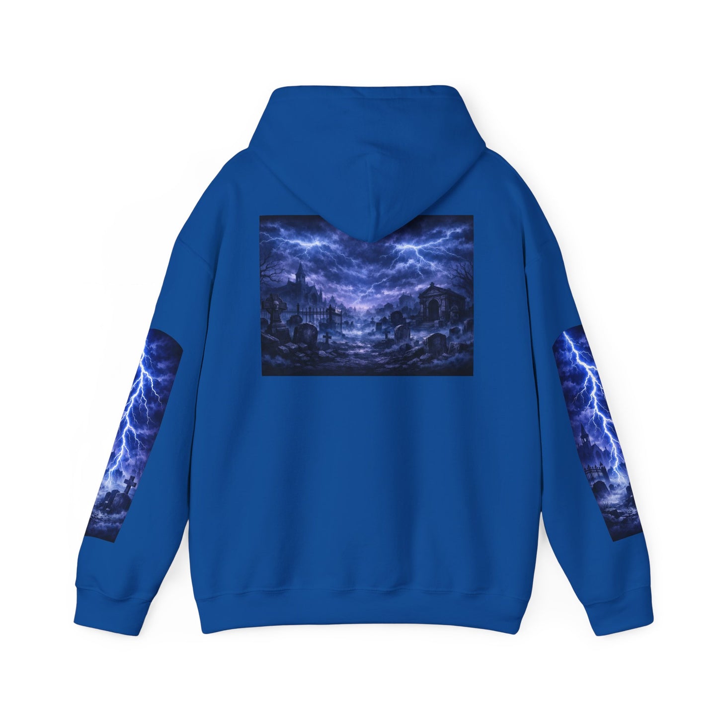 Stormscape Hoodie — Electric Blue Lightning Graphic Pullover