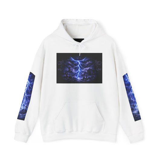 Stormscape Hoodie — Electric Blue Lightning Graphic Pullover