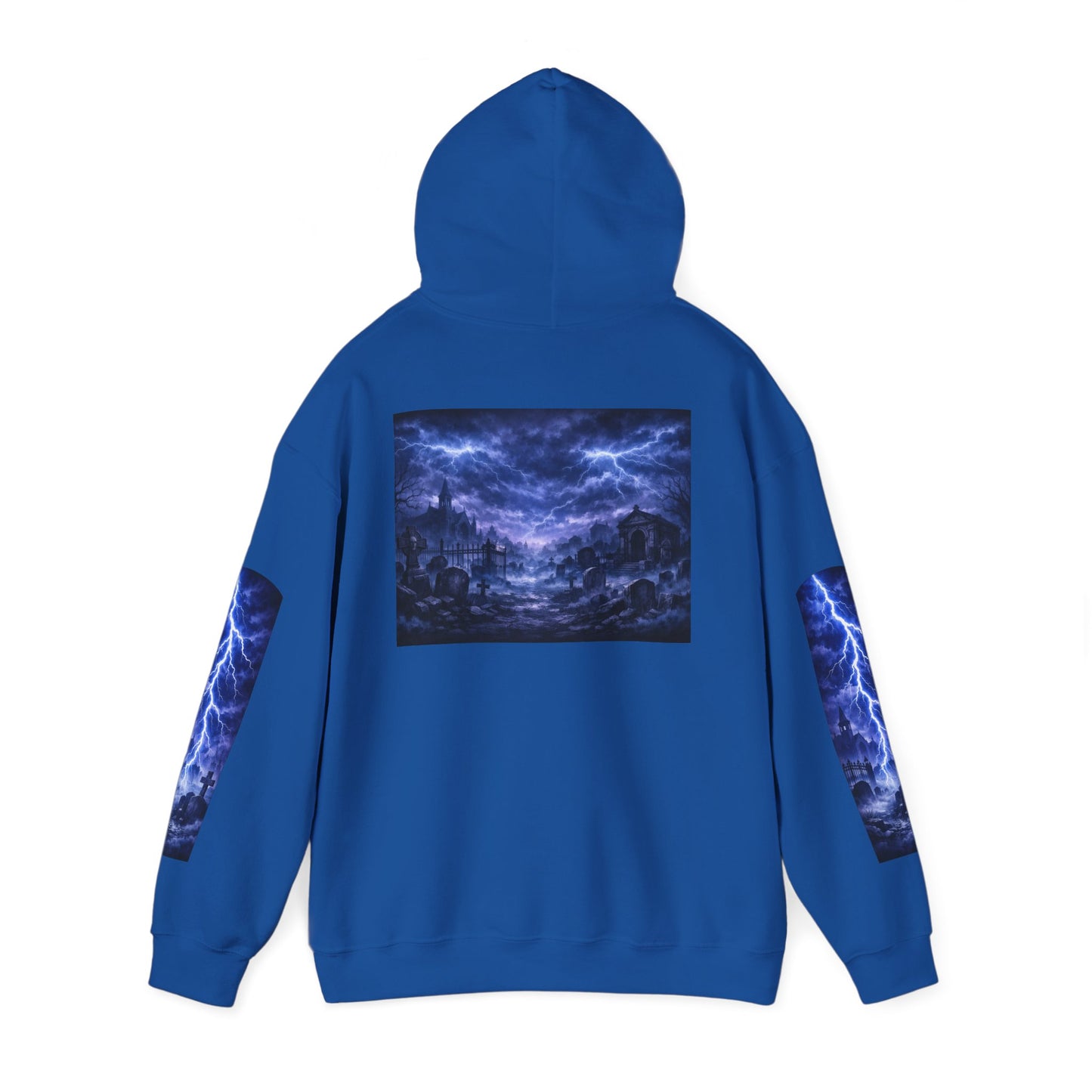 Stormscape Hoodie — Electric Blue Lightning Graphic Pullover