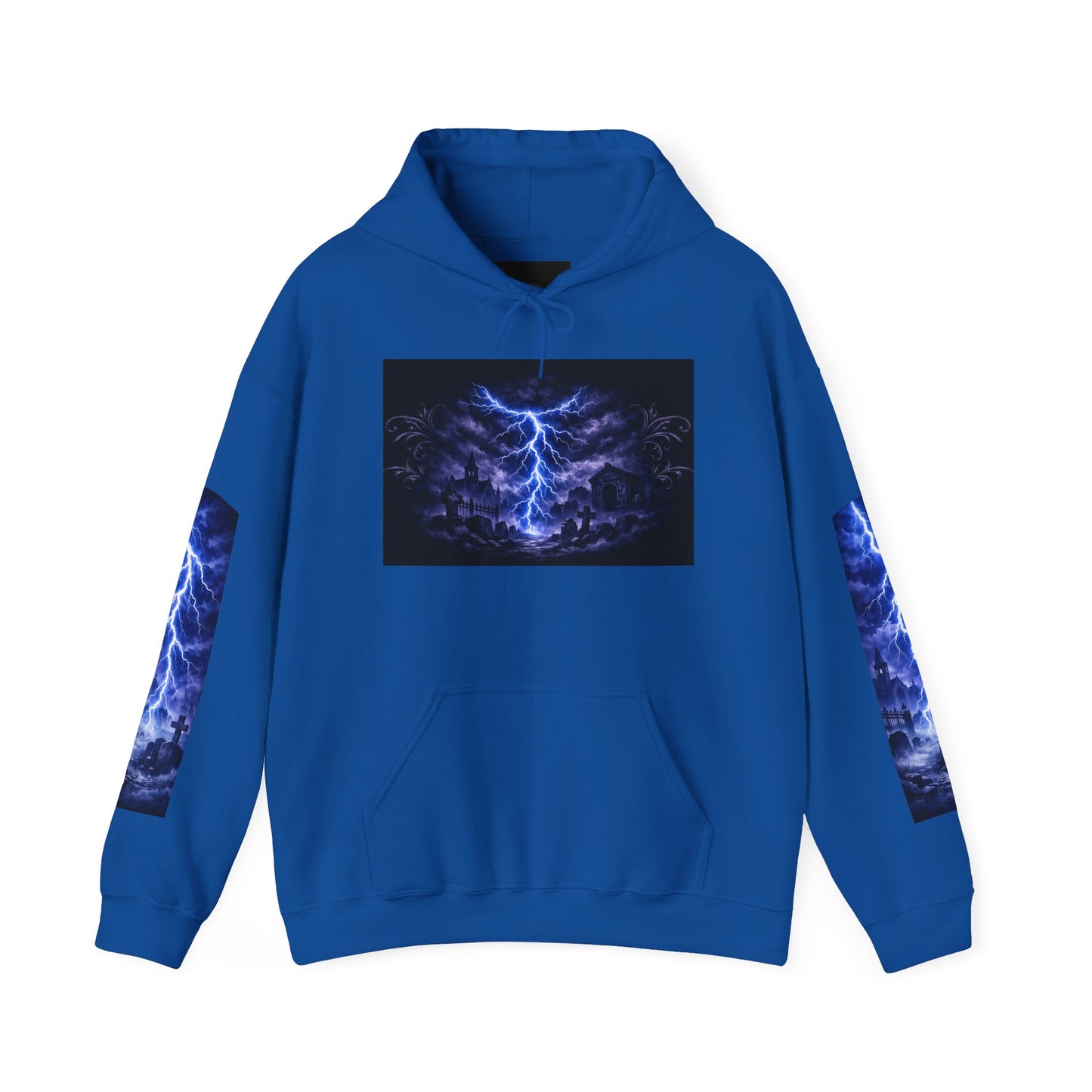 Stormscape Hoodie — Electric Blue Lightning Graphic Pullover